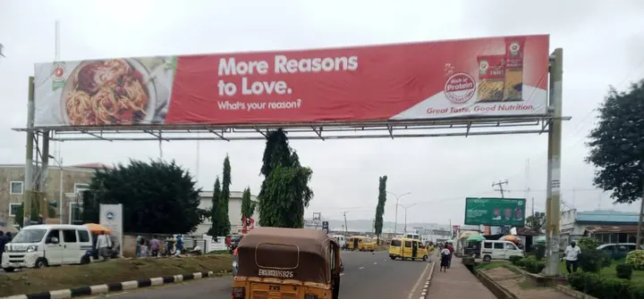 Golden Penny spaghetti gantry seen head on over Okpara Avenue, Enugu, for FMN