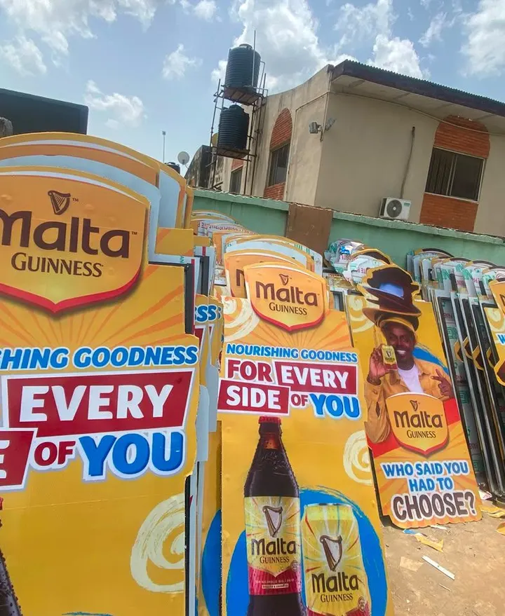 Finished Malta Guinness die cuts in the yard, printed and checked before they go out to site
